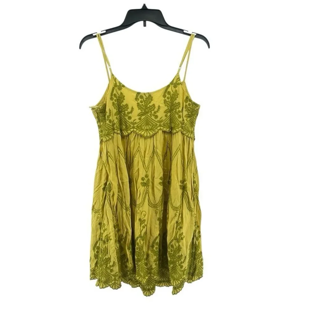 Urban Outfitters Jamie Embroidered Babydoll Mini Dress Large Yellow Festival